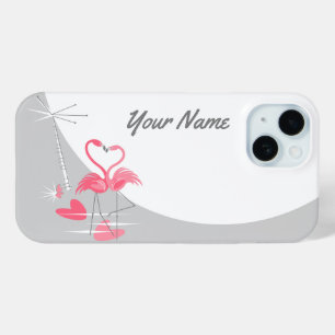 Coque Pour iPhone 15 Flamant rose Love Moon Nom coque iphone horizontal
