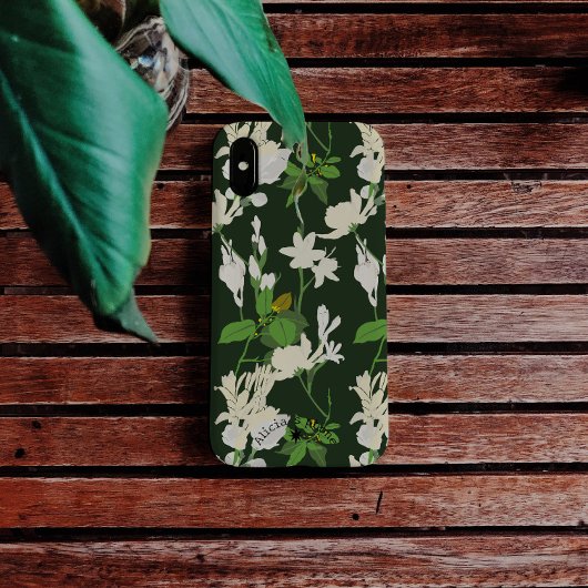 Coque Pour iPhone 15 Fleurs blanches vert foncé arrière iPhone / coque