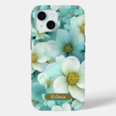Coque Pour iPhone 15 iPhone 15 Coque Vert & Blanc Floral Design & Nom (Verso)