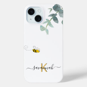 Coque Pour iPhone 15 Jolie abeille monogramme eucalyptus vert blanc