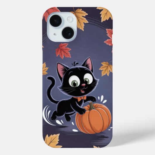 Coque Pour iPhone 15 Jouer Chat noir Citrouille Leaf iPhone / coque ipa (Verso)