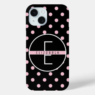 Coque Pour iPhone 15 Monogramme   Cute & Chic Pointe rose sur Noir