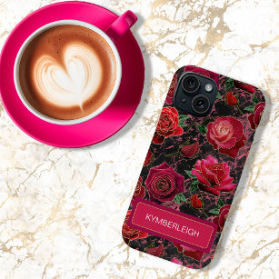 Coque Pour iPhone 15 Noir Chaud Pink Glam Roses Marbre Nom du monogramm