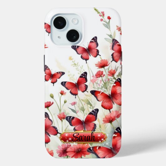 Coque Pour iPhone 15 Papillons rouges et noirs Floral iPhone / coque ip (Verso)