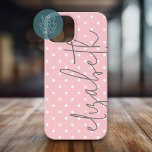 Coque Pour iPhone 15 Trendy Polka Dot blush pink script gray name<br><div class="desc">A feminine and girly polka dot design with a name in a handwritten,  calligraphy font.</div>