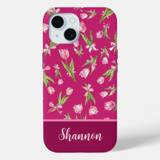 Coque Pour iPhone 15 Tulipes roses avec coque iphone de lignes