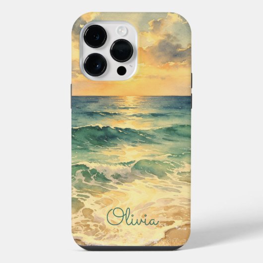 Coque Pour Pour iPhone 14 Pro Max Aesthetic Beach Sunset Watercolor Custom Name (Verso)