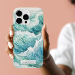 Coque Pour Pour iPhone 14 Pro Max Aquarelle bleu vagues nom personnalisé<br><div class="desc">coque iphone avec une aquarelle représentant des vagues de l'océan.</div>