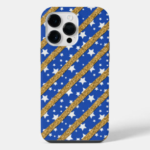 COQUE POUR POUR iPhone 14 PRO MAX BLEU AVEC ÉTOILES BLANCHES ET BANDES DORÉES