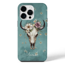 Boho Chic Aquarelle Turquoise Vache Florale Crâne