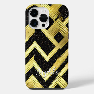 Coque Pour Pour iPhone 14 Pro Max Chevron Noir et Or Nom personnalisé