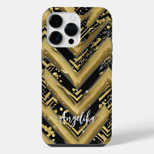 Coque Pour Pour iPhone 14 Pro Max Chevron noir et or Nom personnalisé