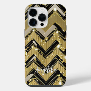 Coque Pour Pour iPhone 14 Pro Max Chevron Noir et Or Nom personnalisé
