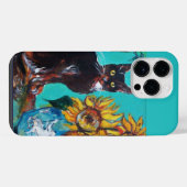 Coque Pour Pour iPhone 14 Pro Max Coque-M BLEU TURQUOISE AVEC CHAT NOIR (Verso Horizontal)