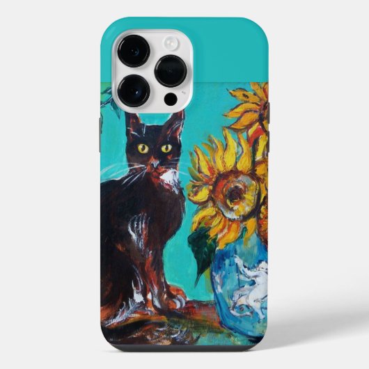 Coque Pour Pour iPhone 14 Pro Max Coque-M BLEU TURQUOISE AVEC CHAT NOIR (Verso)