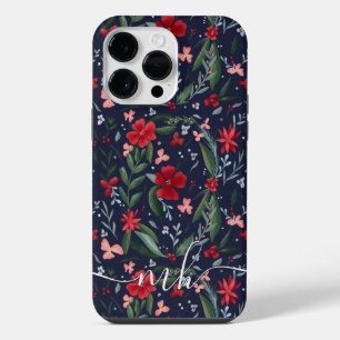 Coque Pour Pour iPhone 14 Pro Max Courbe rouge vert fleuri motif monogramme hivernal