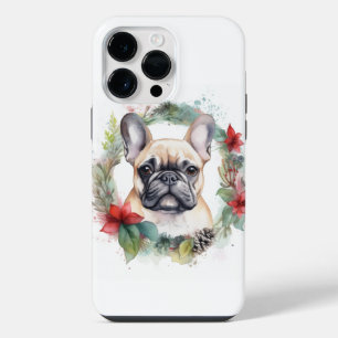 Coque Pour Pour iPhone 14 Pro Max Couronne de Noël de Bouledogue Français Fête Chien
