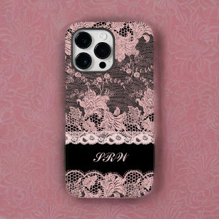 Coque Pour Pour iPhone 14 Pro Max Dentelle rose feminine sur noir avec initiales