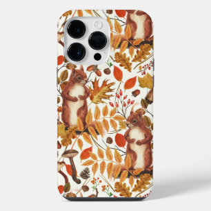 Coque Pour Pour iPhone 14 Pro Max Écureuils d'automne et flore automnale sur fond bl