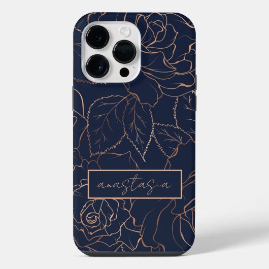 Coque Pour Pour iPhone 14 Pro Max Élégant bleu or Roses Nom (Verso)