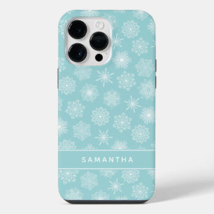Coque Pour Pour iPhone 14 Pro Max Élégant Snowflakes Noël Turquoise bleu Monogramme
