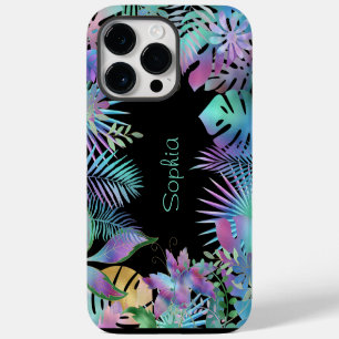 Coque Pour Pour iPhone 14 Pro Max Feuilles tropicales iridescentes, nom sarcelle cla
