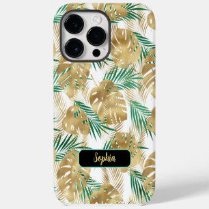 Coque Pour Pour iPhone 14 Pro Max Feuilles tropicales vert et or, nom en or, blanc