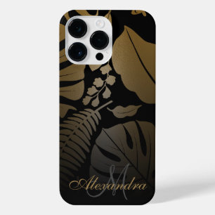 Coque Pour Pour iPhone 14 Pro Max Feuilles tropicaux Noir et Or