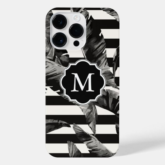 Coque Pour Pour iPhone 14 Pro Max Feuilles tropicaux noirs et blancs (Verso)