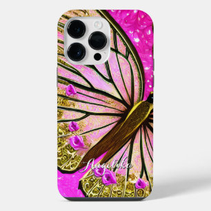 Coque Pour Pour iPhone 14 Pro Max Fille branchée Papillon rose et or Nom personnalis