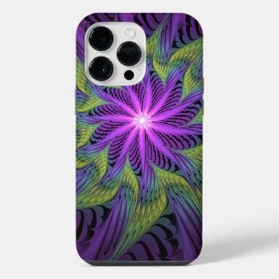 Coque Pour Pour iPhone 14 Pro Max Fleur verte violette Art fractal abstrait moderne