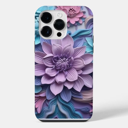 COQUE POUR POUR iPhone 14 PRO MAX FLEURS 3-D DE COULEUR VIOLET ROSE BLEU EN PAPIER (Verso)
