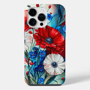 COQUE POUR POUR iPhone 14 PRO MAX FLEURS DE PAVOT ROUGE BLANC BLEU PATRIOTIQUES