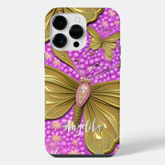 Coque Pour Pour iPhone 14 Pro Max Fleurs roses et papillons dorés Nom (Verso)