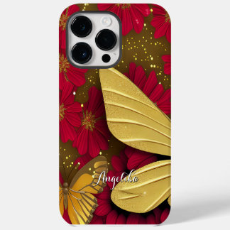 Coque Pour Pour iPhone 14 Pro Max Fleurs Rouges Paillettes Dorées Nom Personnalisé