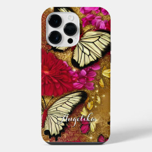Coque Pour Pour iPhone 14 Pro Max Fleurs Rouges Paillettes Dorées Papillons Nom Pers