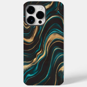 Coque Pour Pour iPhone 14 Pro Max Flux Turquoise et Abstrait or élégant