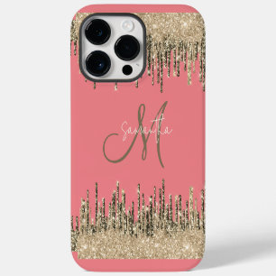 Coque Pour Pour iPhone 14 Pro Max Glamour Rose Pailleté Monogramme Doré et Rose