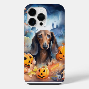 Coque Pour Pour iPhone 14 Pro Max Halloween Dachshund Avec La Peur Citrouille