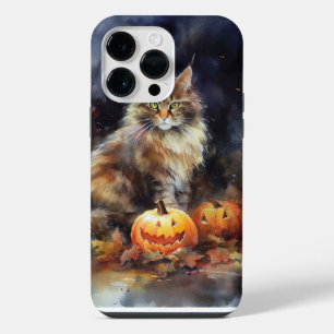 Coque Pour Pour iPhone 14 Pro Max Halloween Maine Coon Chat Avec Crainte Citrouille