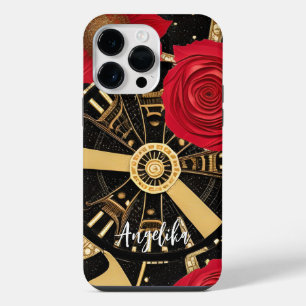 Coque Pour Pour iPhone 14 Pro Max Horloge moderne abstraite rouge et or personnalisa