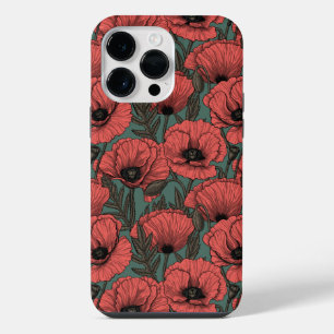 Coque Pour Pour iPhone 14 Pro Max Jardin de pavots en corail, marron et vert pin