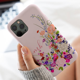 Coque iPhone 15 Pro Joli botanique floral fleur sauvage chic monogramm