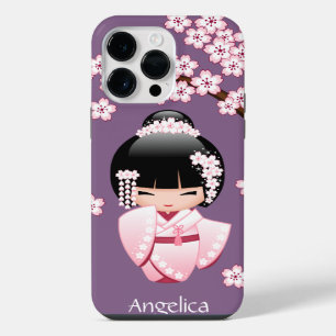 Coque Pour Pour iPhone 14 Pro Max Kokeshi Doll en kimono rose sur fond violet