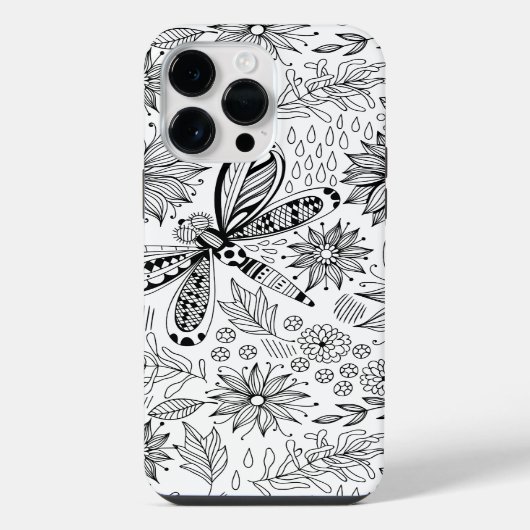 Coque Pour Pour iPhone 14 Pro Max Libellule et fleurs doodle (Verso)