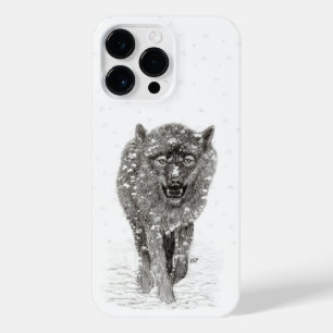 Coque Pour Pour iPhone 14 Pro Max Loup noir en colère dans la neige, hiver sauvage
