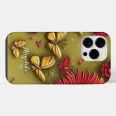 Coque Pour Pour iPhone 14 Pro Max Marguerites Rouges Papillons Dorés Nom Personnalis (Verso Horizontal)