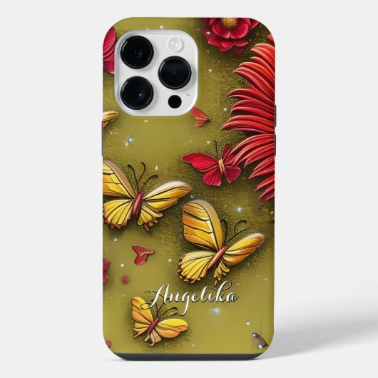 Coque Pour Pour iPhone 14 Pro Max Marguerites Rouges Papillons Dorés Nom Personnalis (Verso)