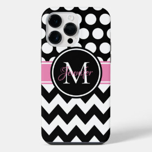 Coque Pour Pour iPhone 14 Pro Max Monogramme à points noirs roses et blancs en chevr