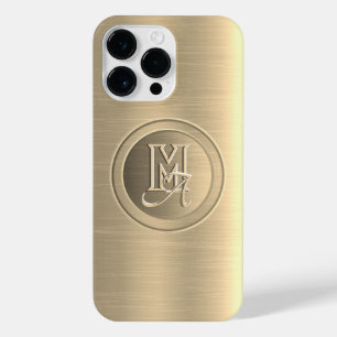 Coque Pour Pour iPhone 14 Pro Max Monogramme gravé en acier métal d'or